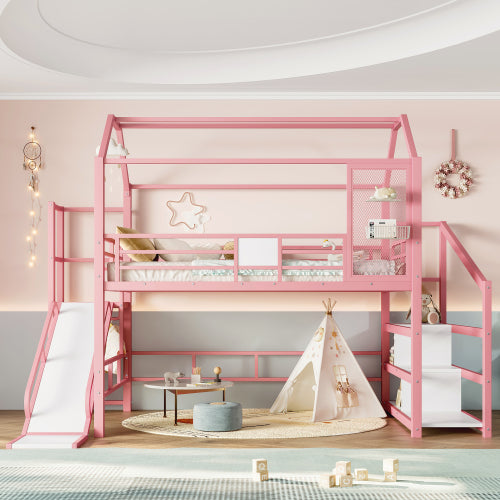Triple Tree Full House Loft bed with Slide and Stairs, Metal Playhouse Bed with Storage Shelves, House-shaped Roof and Noise-free Design, Pink
