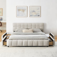Triple Tree Queen Size Upholstered Bed ,comfortable upholstered bed frame, Chenille fabric, with headboard and solid bed frame. With drawer for storage.-Beige(88.5''*68.5''*31'')
