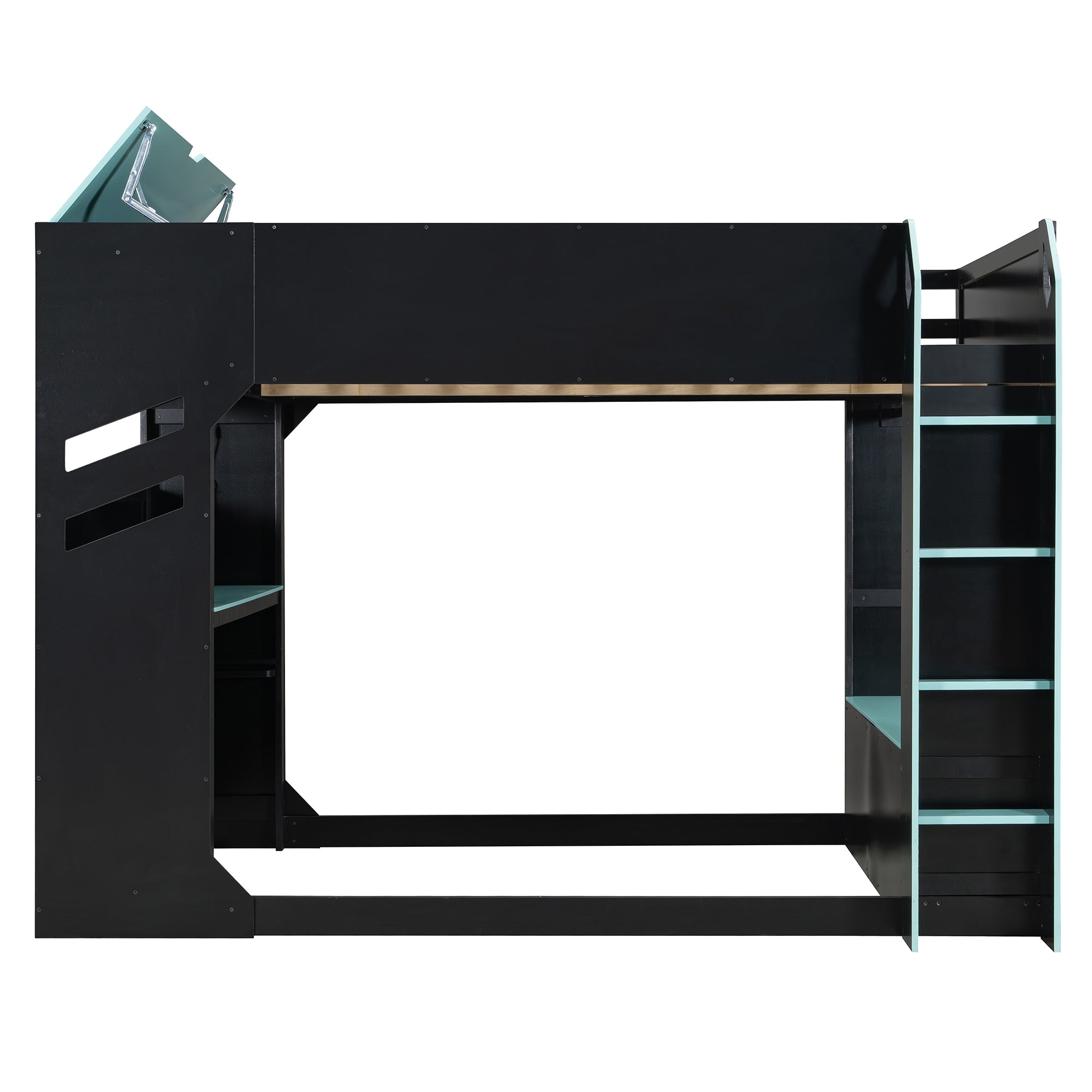 Triple Tree Full Size Wood Loft Bed with Height-adjustable Desk,Drawers,Storage Compartments,Hanging Rod and RGB Lights,Blue