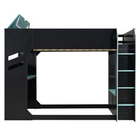 Triple Tree Full Size Wood Loft Bed with Height-adjustable Desk,Drawers,Storage Compartments,Hanging Rod and RGB Lights,Blue