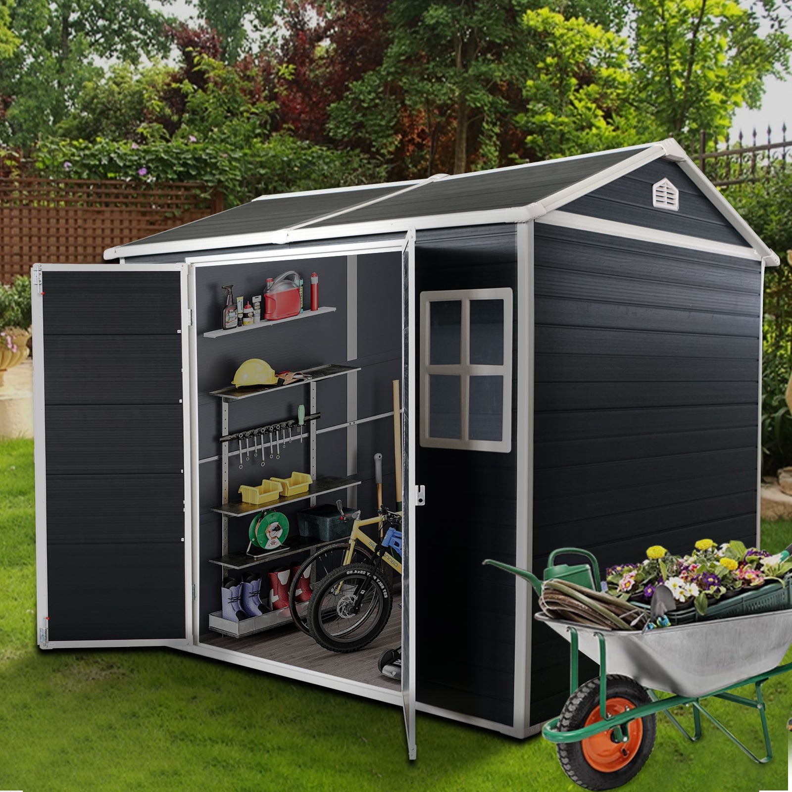 8x6ft Outdoor Resin Garden Shed - with Floor and 2 Windows, Plastic Patio Outdoor Storage Shed with Lockable Door for Garden Tools, Bicycles, Trash Cans, Dark Grey