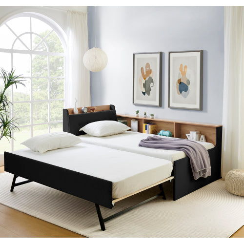 Triple Tree Twin Size Upholstery Velvet Height Adjustable Day Bed with Storage Headboard and Wireless Charging, Multi-functional Daybed with Trundle Bed & LED Lights, Black