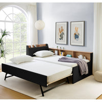 Triple Tree Twin Size Upholstery Velvet Height Adjustable Day Bed with Storage Headboard and Wireless Charging, Multi-functional Daybed with Trundle Bed & LED Lights, Black