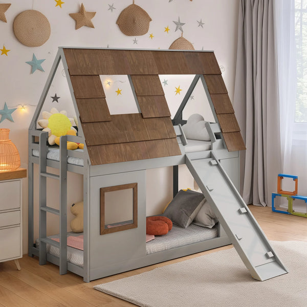 House Bunk Beds with Window Roof Shape Design, Metal Bed Frame with Ladder and Climbing Ramp for Girls Boys Adults, No Box Spring Needed, Brown+Gray