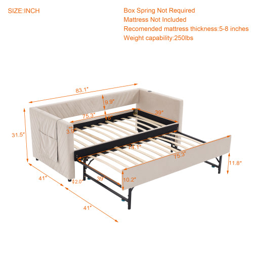 Triple Tree Twin Size Upholstered Daybed with Trundle,USB Port ,Side Pockets, Modern V-grained backrest Design,No Box Spring Needed, for Bedroom, Guest Room
