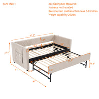 Triple Tree Twin Size Upholstered Daybed with Trundle,USB Port ,Side Pockets, Modern V-grained backrest Design,No Box Spring Needed, for Bedroom, Guest Room