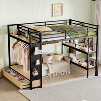 Triple Tree Queen size Loft Bed Frame with Wardrobe,Metal Loft Bed with Storage Shelves and Pegboard,Black