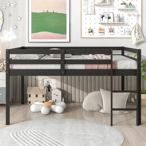 Full Size Low Loft Bed,Wood Bed Frame with Ladder and Full Length Guardrail for Teens Adults,No Box Spring Needed,Mattress Not Included