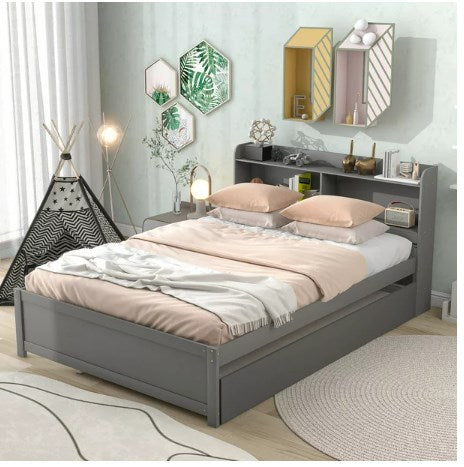Twin Bed with Trundle, Twin Size Platform Bed with Bookcase Headboard and Pull Out Trundle Bed for Kids Teens Adults, Wooden Twin Bed Frame with Storage Shelves, Bed Frame for Living Room, Gray