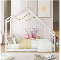 Full Size House Bed, Wooden Floor Bed Frame with Roof for Toddlers Kids Girls Boys, Can be Decorated, White 77.8"L x 56.8"W x73.2"H