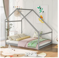 Full Size House Bed, Wooden Floor Bed Frame with Roof for Toddlers Kids Girls Boys, Can be Decorated, Gray 77.8"L x 56.8"W x73.2"H