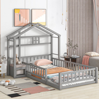Twin Size Floor Bed with House-Shaped Headboard, Montessori Bed Frame with Fence Guardrails and Cushion Stand for Kids Toddlers and Teens, Easy Assembly, No Box Spring Needed, Gray