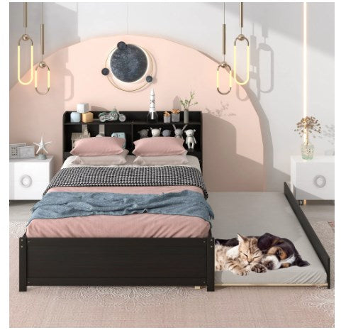 Twin Bed with Trundle, Twin Size Platform Bed with Bookcase Headboard and Pull Out Trundle Bed for Kids Teens Adults, Wooden Twin Bed Frame with Storage Shelves, Bed Frame for Living Room, Espresso