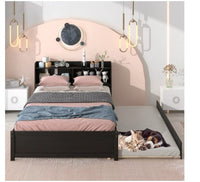 Twin Bed with Trundle, Twin Size Platform Bed with Bookcase Headboard and Pull Out Trundle Bed for Kids Teens Adults, Wooden Twin Bed Frame with Storage Shelves, Bed Frame for Living Room, Espresso