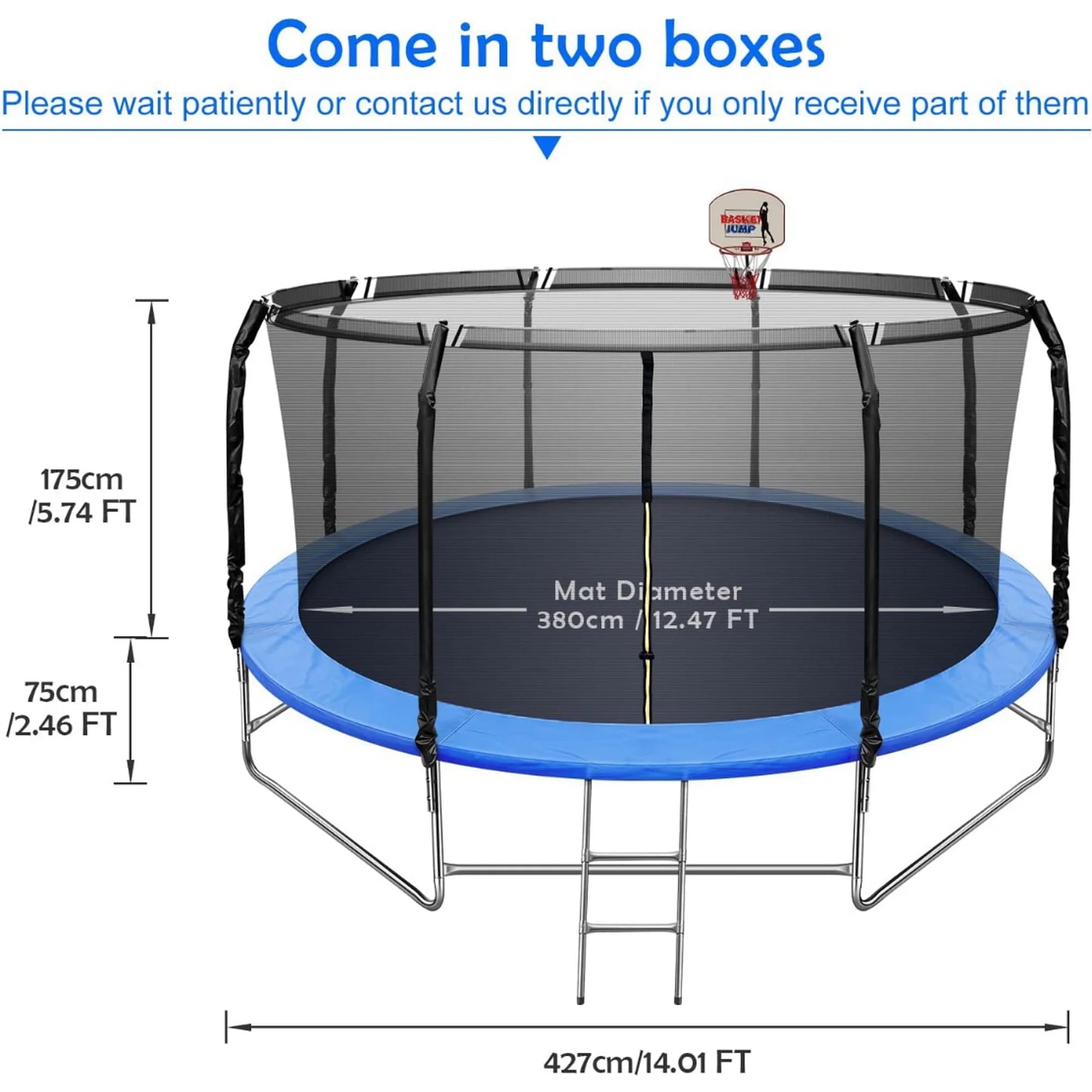 14FT Trampoline with Basketball Hoop & Balance Bar, Recreational Trampoline for Kids Teens Adults, Outdoor Trampoline with Enclosure Net & Ladder for Backyard Garden