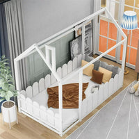 Twin House Bed, Floor Bed with Roof and Fence, Solid Wood Bed Frame for Kids Teens Girls Boys, Not included Slats, Box Spring Needed, No Limit Weight Capacity, White
