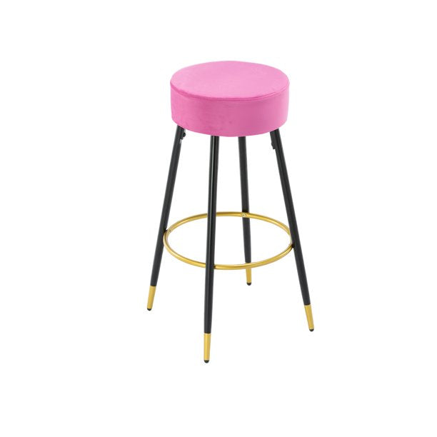 Set of 2 Round Velvet Stools Upholstered, 24 Inches Height Stools with Golden Footrest for Kitchen Island Coffee Shop Bar Home and Balcony, Fuchsia