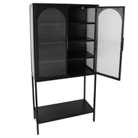 Sideboard Buffet, Fluted Glass Cabinet with Adjustable Shelves and Open Bottom Shelf, Kitchen Cupboard Storage Cabinet with 2 Glass Doors, Tall Freestanding Display Cabinet for Living Room, Black