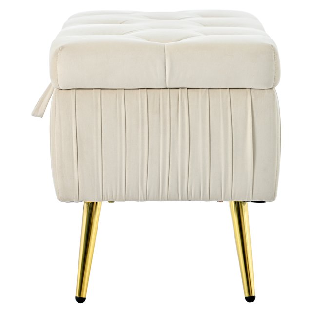 Storage Ottoman Bench, 44.5 inch Button-Tufted Ottoman with Safety Close Hinge, Upholstered Large Storage Bench for Living Room, Entryway, Hallway, Foot Rest, Solid Wood Frame, Support 220lbs, Beige