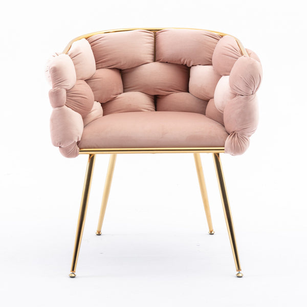 Luxury Velvet Accent Chair Set of 2, Modern Upholstered Chair with Metal Frame, Stylish Woven Back, Gold Frame, 2pcs Single Leisure Arm Chair for Living Room, Bedroom, Office, Balcony, Pink
