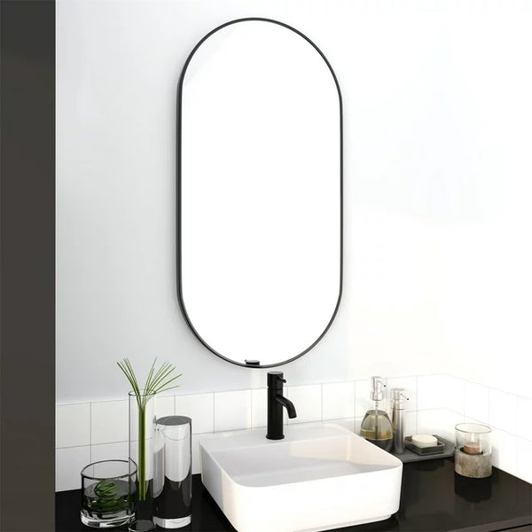 Oval Wall Mounted Mirror, Bathroom Pill Mirrors Large Vanity Decor Mirror with Black Aluminum Frame, 18 x 35'' Capsule Vanity Mirror for Entryway Bedroom Living Room, Vertical & Horizontal, Black
