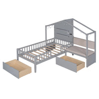 Kids Twin Size House Bed with Upholstered Bench, Wood House Bed with Shelves and Drawers, Playhouse Platform Bed Frame with Charging Station and Sparkling Light for Boys Girls Teens, Gray
