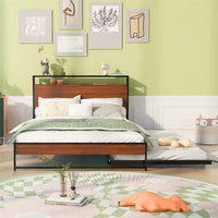 Full Size Metal Bed with Trundle, Modern Platform Bed with Socket and USB Interface, Space Saving Bed Frame with Headboard for Kids Boys Girls Teens, No Box Spring Needed, Black
