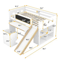 Low Loft Bed with Slide and Removable Desk, Twin Size Loft Bed Frame with Blackboard, Cabinets and Chair, Wooden Twin Kids Bed Frame for Boys Girls, No Box Spring Needed (White)