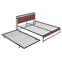 Queen Size Platform Bed with Trundle and USB Ports,Metal Bed Frame with Storage Headboard and Slat Support for Bedroom,Black