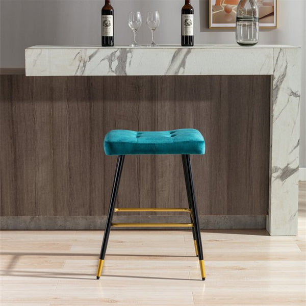 Accent Chair, Velvet Upholstered Vintage Bar Stool with Footrest, Counter Height Dining Chair with Black Metal Legs, Soft Bar Chair Cafe Chair with Thick Cushion for Kitchen Dining Room, Teal