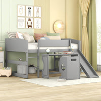 Loft Bed Full Size, Low Study Full Loft Bed with Rolling Portable Desk and Chair, Kids Loft Bed with Slide, Built-in 2 Rung Ladder and Full Length Safety Guardrails for Boys Girls, Gray