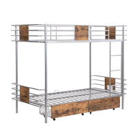 XL Twin Over Twin Metal Bunk Bed with MDF Board Guardrail and Two Storage Drawers, Heavy Duty Bunk Bed with Integrated Ladder and Full-Length Guardrails for Kids Teens and Adults, Silver