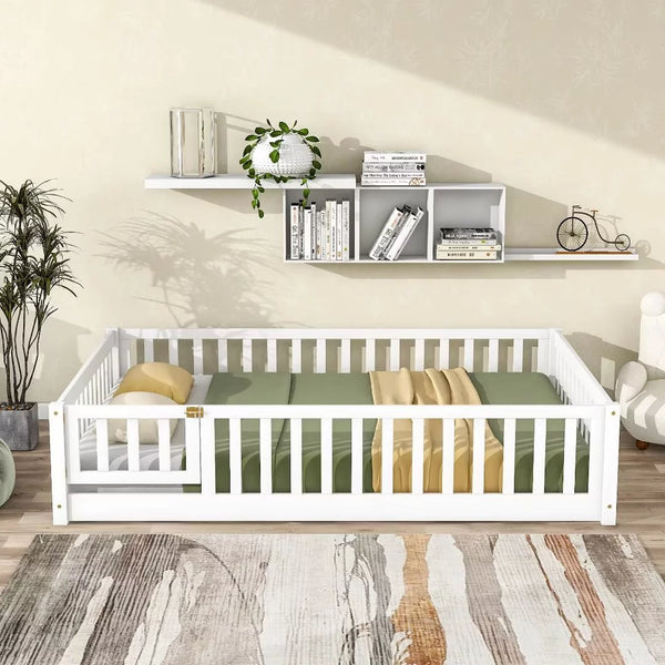 Full Size Floor Bed for Kids, Wood Full Montessori Bed Frame with Fence Guardrails and & Support Slats, Full Playhouse Bed with Door Design, Kids Fence Bed Playpen Bed for Toddler, Boys ,Girls, White