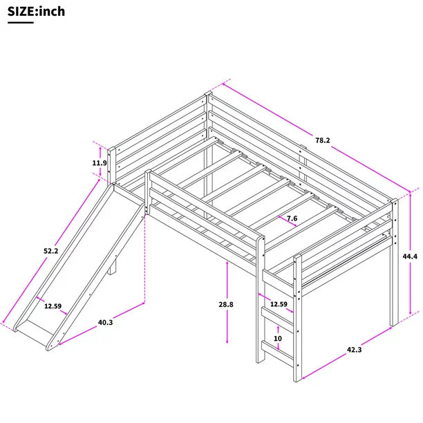 Triple Tree Wood Loft Bed Twin, Gray