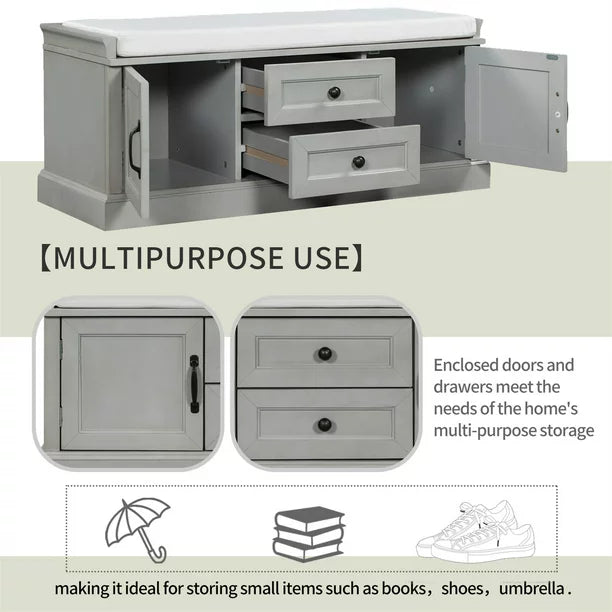 Storage Bench with 2 Drawers and 2 Cabinets, Shoe Bench Under Window Bench with Storage & Velvet Removable Cushion, Wooden Organizer Storage Bench for Living Room Entryway Front Door, Gray Wash