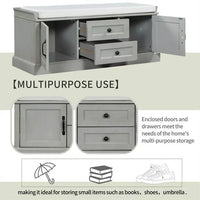 Storage Bench with 2 Drawers and 2 Cabinets, Shoe Bench Under Window Bench with Storage & Velvet Removable Cushion, Wooden Organizer Storage Bench for Living Room Entryway Front Door, Gray Wash