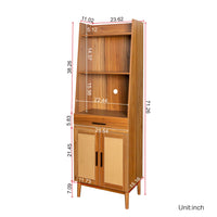 Bookshelf Display Case with Rattan Door and Drawer,Walnut Finish Narrow Bookcase with Open Storage Shelves,Book Shelf for Living Room Bedroom Home Office Kitchen,Oak