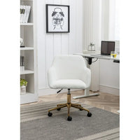 Modern Swivel Desk Chair, Teddy Fabric Home Office Task Chair Adjustable Swivel Mid-Back Cute Upholstered Accent Vanity Armchair with Gold Metal Legs and Universal Wheel for Home Office, White