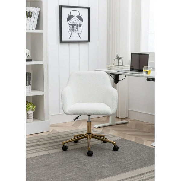 Modern Swivel Desk Chair, Teddy Fabric Home Office Task Chair Adjustable Swivel Mid-Back Cute Upholstered Accent Vanity Armchair with Gold Metal Legs and Universal Wheel for Home Office, White