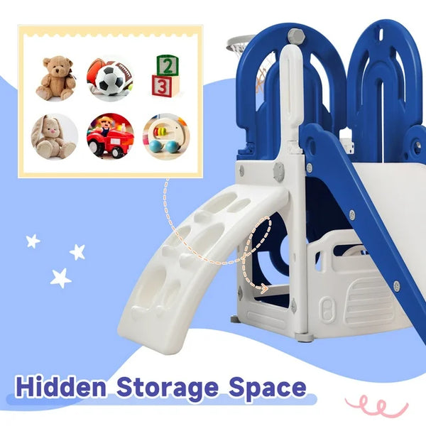 5-in-1 Slide and Swing Playset, Toddler Indoor Climber Slide Playground Set with Safety Belt, Armrest, Basketball Hoop, Freestanding High Adjustable Baby Swing Set for Indoor Outdoor Backyard,Blue