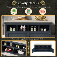3-Tier Two-Door Shoe Storage Bench, Shoe Rack with Linen Upholstered Top Cushion, Pine Wood Frame, Large Space Cabinets for Entryway Hallway, Antique Navy