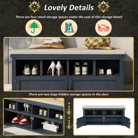 3-Tier Two-Door Shoe Storage Bench, Shoe Rack with Linen Upholstered Top Cushion, Pine Wood Frame, Large Space Cabinets for Entryway Hallway, Antique Navy
