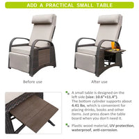 PE Wicker Chaise Lounge Chair with Flip-Up Side Table and Footrest, Adjustable Patio Reclining Chair with Removable Soft Cushion, for Garden Backyard Poolside,Khaki