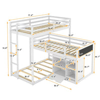 L-Shaped Triple Bunk Bed for 3, Twin Size Bunk Bed with Storage Cabinet and Blackboard Wood Corner Bunk Bed Frame with Full-Length Guardrails and Ladder 3 Bed in 1 for Kids No Box Spring Needed, White