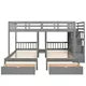 Triple Bunk Bed with Staircase and 7 Drawers, L-Shaped Bunk Bed for 3, Solid Wood Full Over Twin & Twin Bunk Bed Frame with Safety Guardrail & Storage Board, Space Saving, No Box Spring Needed, Grey