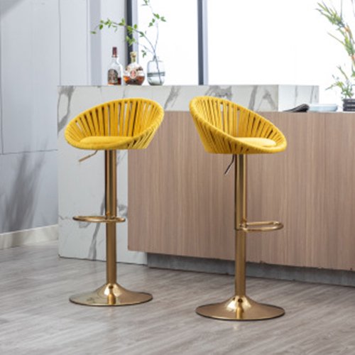Bar Stools Set of 2, Velvet Swivel Adjustable Height Barstool with Low Back & Footrest for Home Bar Kitchen Island Chair with Golden Base, Mustard