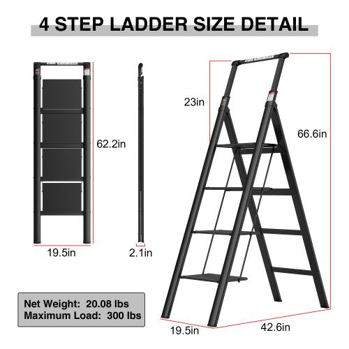 4 Step Step Stool, Ladder Folding with Wide Anti-Slip Pedals and Comfort Handgrip for Kitchen Household and Office, Lightweight Capacity 300lbs Sturdy Step Ladder (Black)