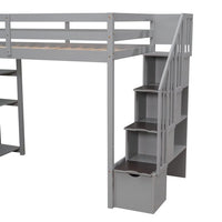 Twin Size Loft Bed with Staircases for Kids, Solid Wood Bed Frame with Built-in Storage Drawers and 3-Tier Shelves, Modern Versatile Bed with Safety Guardrails for Boys and Girls, Gray