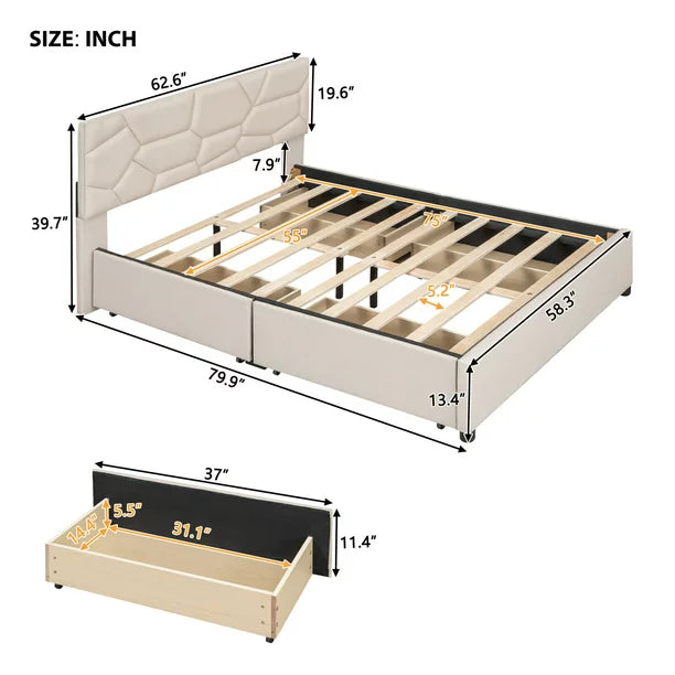 Upholstered Platform Bed with 4 Storage Drawers, Full Size Storage Platform Bed Frame with Brick Pattern Heardboard and Wood Slats Support for Bedroom Dorm Apartment, No Box Spring Needed, Beige