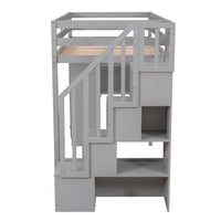 Twin Size Loft Bed with Staircases for Kids, Solid Wood Bed Frame with Built-in Storage Drawers and 3-Tier Shelves, Modern Versatile Bed with Safety Guardrails for Boys and Girls, Gray